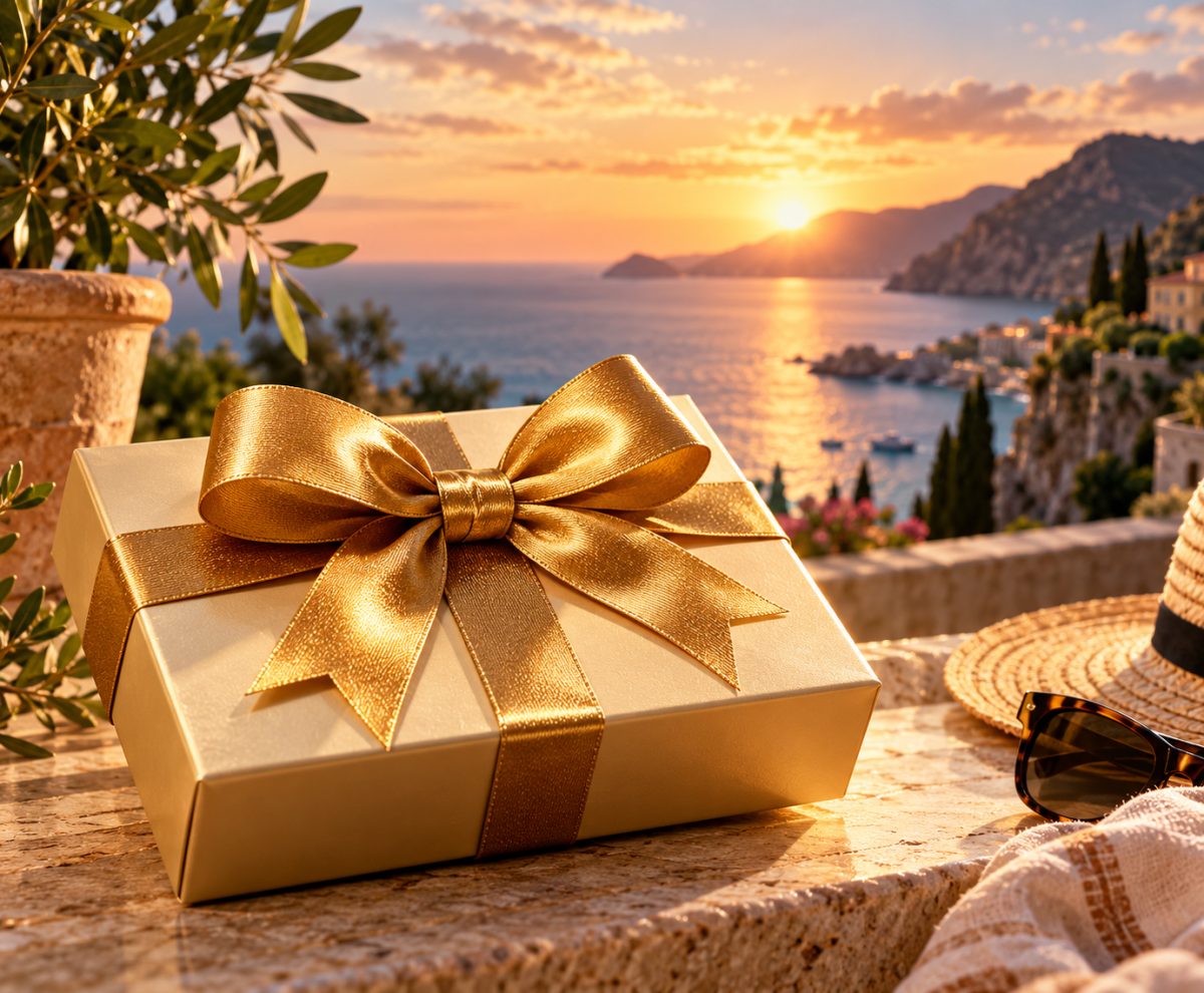 A gold gift box with a ribbon on a terrace above the sea at sunset